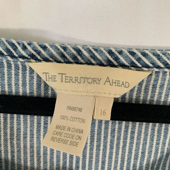 The Territory Ahead Midi Dress Women's 16 Blue White Striped Button Up Short Sle - Picture 3 of 8